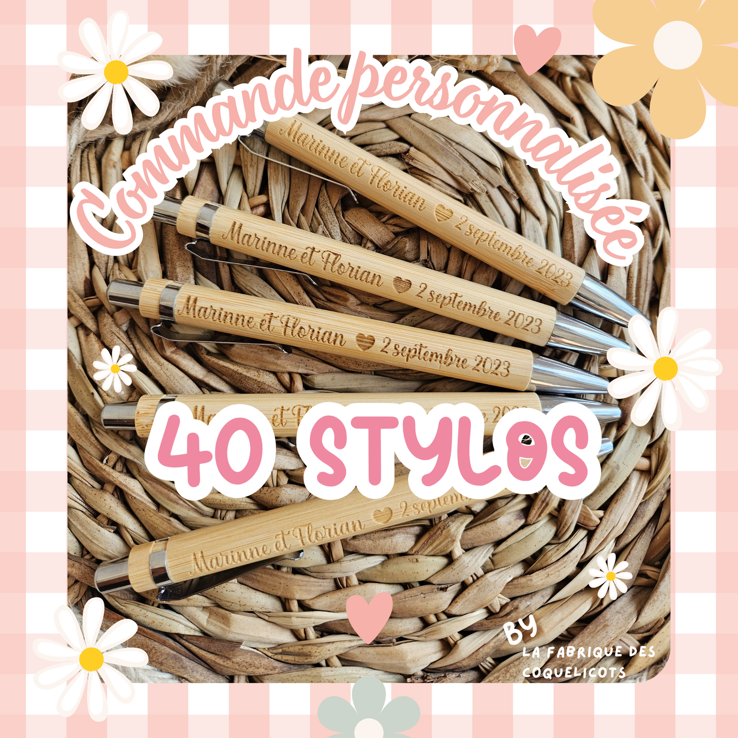 COMMANDE PERSONNALISEE 40 Stylos à bille bambou personnalisé // ENCRE BLEU