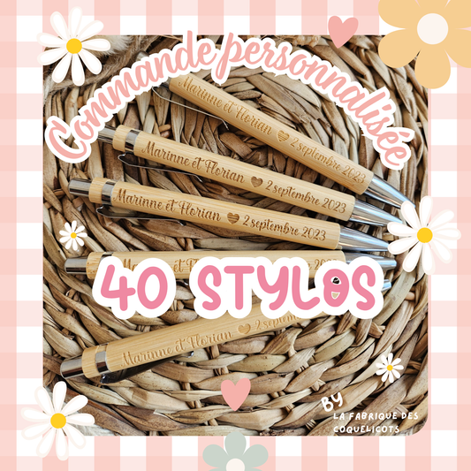 COMMANDE PERSONNALISEE 40 Stylos à bille bambou personnalisé // ENCRE BLEU