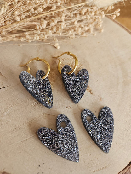 Boucles oreilles AMBRE interchangeables cœur PAMPILLE / créole femme en Acier Inoxydable - noir paillète