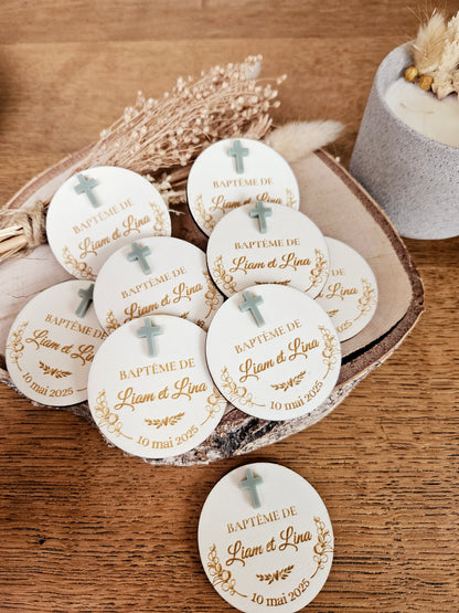 Magnet bois religieux eucalyptus / croix / baptême communion mariage - cadeau invité
