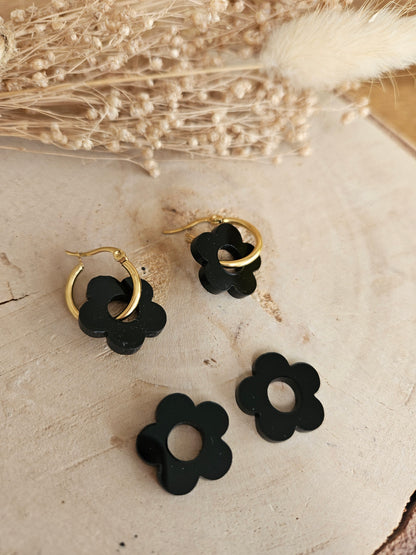 Boucles oreilles ZELIE  interchangeables fleur PAMPILLE / créole femme en Acier Inoxydable - NOIR