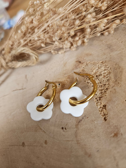 Boucles oreilles mini ZELIE  interchangeables fleur PAMPILLE créole femme en Acier Inoxydable pour fait main / femme BLANCHE