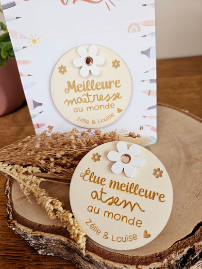 Magnet bois marguerite - fin année scolaire - MERCI maîtresse atsem nounou
