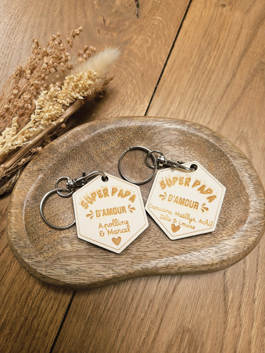 Porte clé bois hexagone PAPA / parrain témoin papy cadeau HOMME