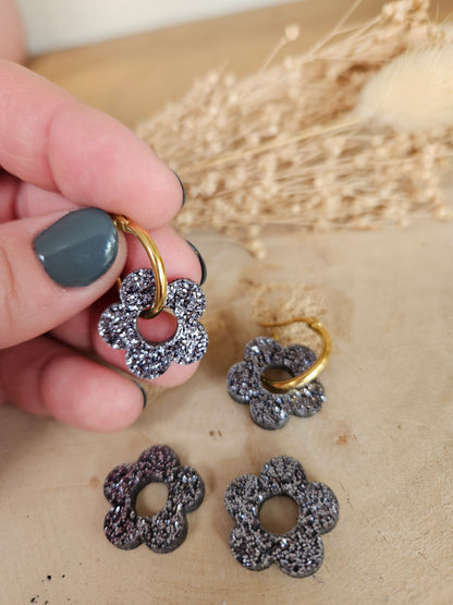 Boucles oreilles ZELIE  interchangeables fleur PAMPILLE / créole femme en Acier Inoxydable - NOIR PAILLETES