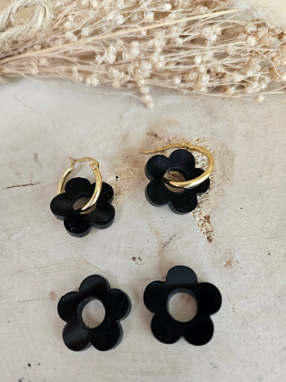 Boucles oreilles ZELIE  interchangeables fleur PAMPILLE / créole femme en Acier Inoxydable - NOIR