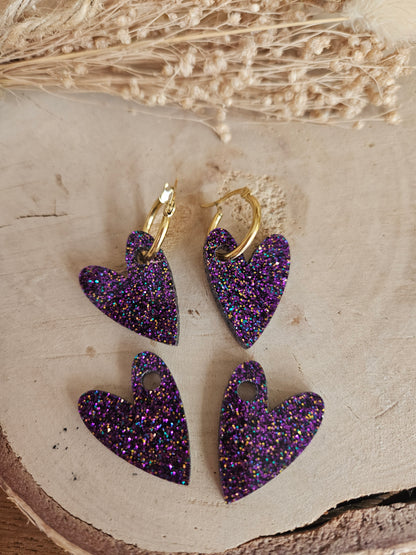 Boucles oreilles AMBRE interchangeables cœur PAMPILLE / créole femme en Acier Inoxydable - VIOLETTE paillète